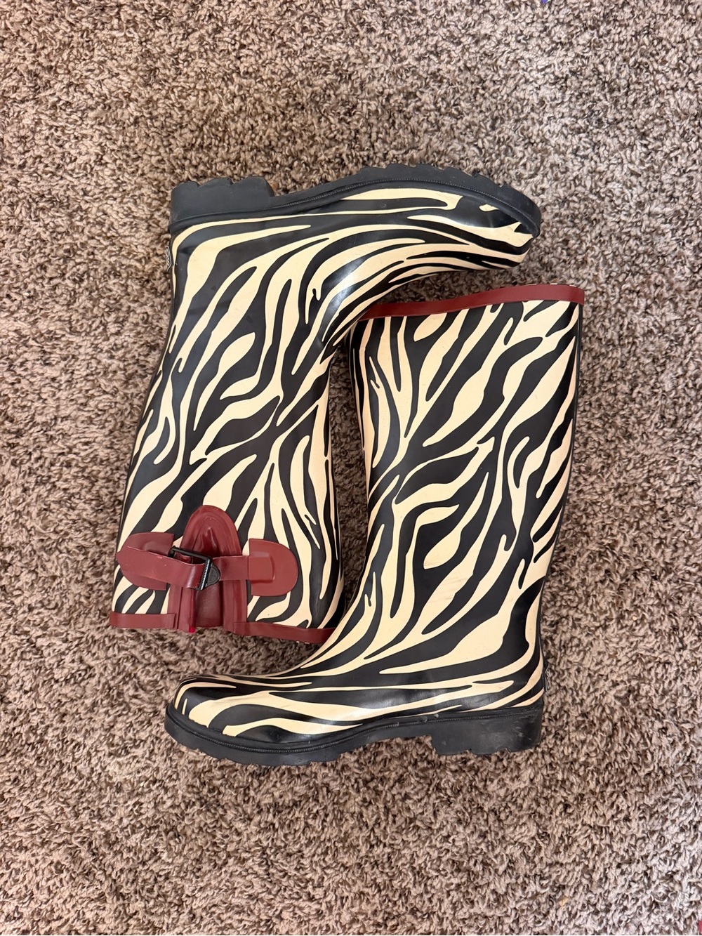 Stone creek Zebra-Print Rain Boots with Burgundy Trim